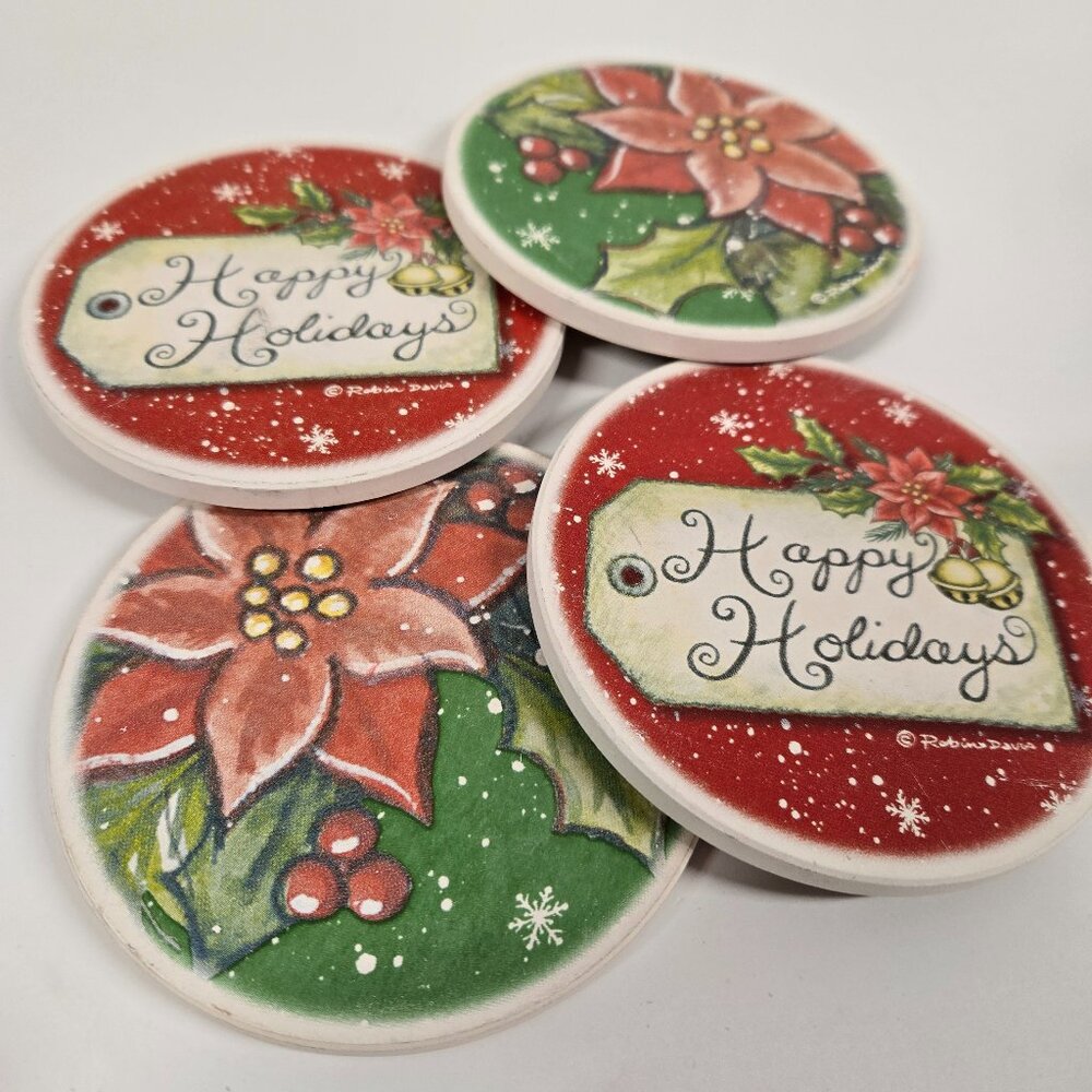 Christmas Poinsettia Coasters – Holiday Drink Coaster Set, Festive Ceramic